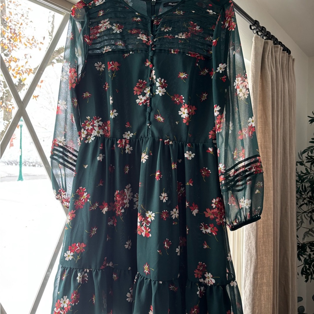 Madewell Forest Green Floral Long-Sleeve Tiered Dress